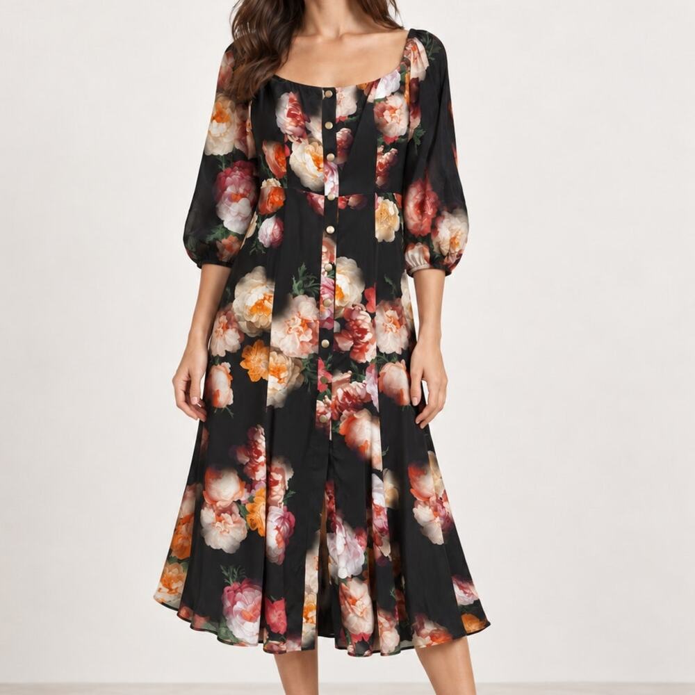 Markarian Silk Floral Corset Midi Dress Sz. 4